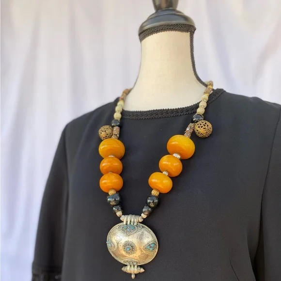 Antique Berber large copal amber beaded necklace with pendant from Morocco